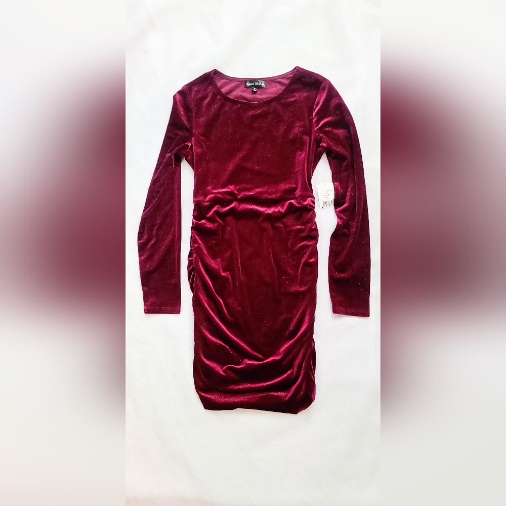 NWT! Lush Velvet Shimmer Crystal Doll Women's Holiday Sparkle Ruched Dress Small - Picture 7 of 9